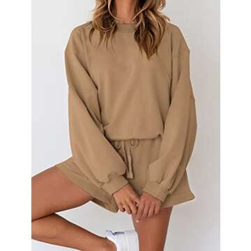 MEROKEETY Women's 2025 Fall Oversized Batwing Sleeve Lounge Set - Casual Top and Shorts Outfit Khaki