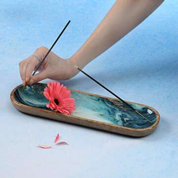 Folkulture Incense Holder for Sticks or Incense Burner | Insence-Stick Holder for Men or Her, Modern Ash Catcher or Insense for Table Décorations, Wooden Incense Tray for Sticks, Mango Wood -Blue
