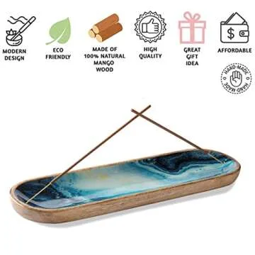 Folkulture Incense Holder for Sticks or Incense Burner | Insence-Stick Holder for Men or Her, Modern Ash Catcher or Insense for Table Décorations, Wooden Incense Tray for Sticks, Mango Wood -Blue