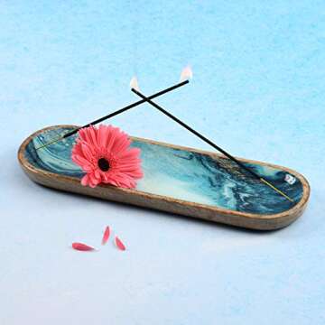 Folkulture Incense Holder for Sticks or Incense Burner | Insence-Stick Holder for Men or Her, Modern Ash Catcher or Insense for Table Décorations, Wooden Incense Tray for Sticks, Mango Wood -Blue