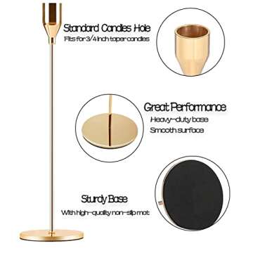 Gold Taper Candle Holder Set of 6, Brass Gold Tall Candlestick Holders, Metal Vintage Candle Stickers Long Holder Set, Pillar Decorative Candle Holder Fits 3/4 Inch Candle