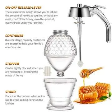 Acrylic Honey Dispenser with Stand Comb Shaped Honey Pot, No Drip Syrup and Sugar Jar Pot with High Capacity Pourer Dispenser