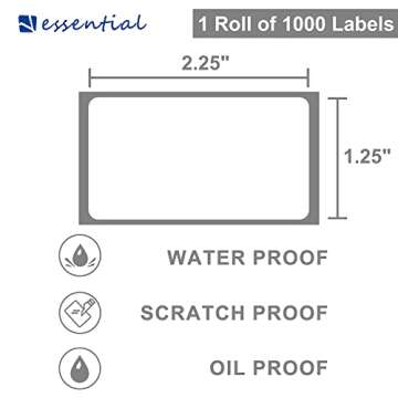 ESSENTIAL 2.25"x 1.25" (57mm ×32mm) White Direct Thermal Barcode Labels, Shipping Labels, Compatible with Zebra & Rollo Label Printer, 1000 Labels of Roll (1 Roll)