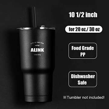 ALINK 12-Pack Reusable Black Straws, 10.5" Long Hard Plastic Tumbler Replacement Straws for 16 OZ 20 OZ 30 OZ Stanley, YETI, Mason Jar, Starbucks Tumblers, Set of 10 with Cleaning Brush