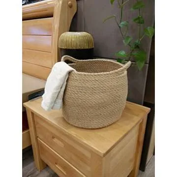 OrganizerPro Jute Storage Baskets Dual Handles Woven Storage Basket Floor Bin Pot Plant Cover Basket Belly Baskets Rope Basket, Nursery Baskets & Baby Room Baskets, Planter Basket