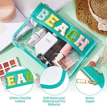3 Pcs Chenille Letter Clear Zipper Pouch for Travel Waterproof Cosmetic Pouch Clear Snack Bags Nylon Travel Gym Beach Bag Multipurpose Makeup Bag for Women Girl (Candy Color, Beach, Phone, Things)