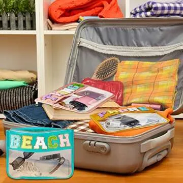 3 Pcs Chenille Letter Clear Zipper Pouch for Travel Waterproof Cosmetic Pouch Clear Snack Bags Nylon Travel Gym Beach Bag Multipurpose Makeup Bag for Women Girl (Candy Color, Beach, Phone, Things)