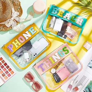 3 Pcs Chenille Letter Clear Zipper Pouch for Travel Waterproof Cosmetic Pouch Clear Snack Bags Nylon Travel Gym Beach Bag Multipurpose Makeup Bag for Women Girl (Candy Color, Beach, Phone, Things)
