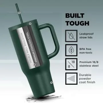 IRON °FLASK Co-Pilot Insulated Mug w/Straw & Flip Cap Lids - Cup Holder Bottle for Hot, Cold Drink - Leak-Proof - Water, Coffee Portable Travel Mug - Dark Pine, 40 Oz