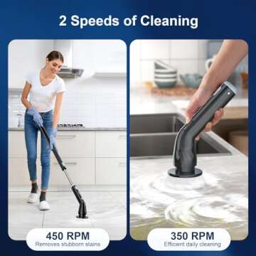 LABIGO Electric Spin Scrubber LA4 Pro, Dual Speed Bathroom Scrubber with Display & 6 Replacement Cleaning Heads, Cordless Power Scrubber with Adjustable & Detachable Handle for Bathroom Floor Tile