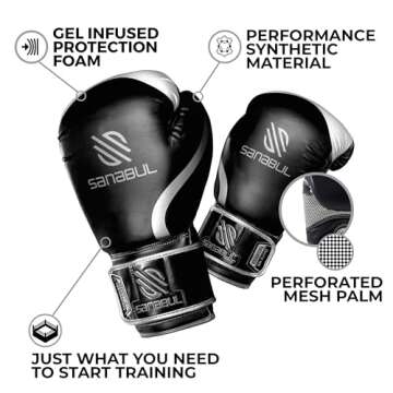 Sanabul Essential Gel Boxing Gloves for Men & Women, Kickboxing MMA, Muay Thai Gloves and Heavy Bag Training Punching & Sparring, Black/Metallic Silver 10 oz