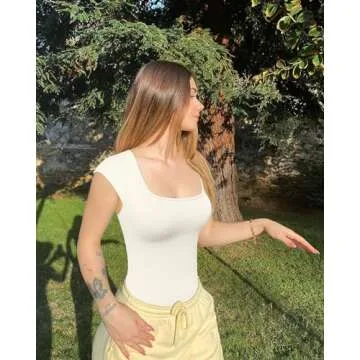 OQQ Women 2 Piece Bodysuits Square Neck Short Stretch Basic Sexy Shirts Bodysuits Pea green Beige, Small