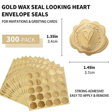 DreamBuilt 300pcs Gold Embossed Wax Seal Looking Heart Envelope Seals for Wedding Invitations/Greeti...