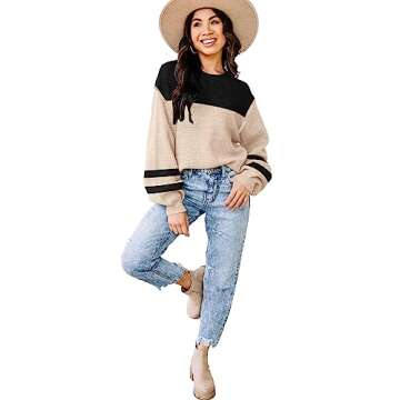 Womens Sweaters Fall 2025 Fashion Long Sleeve Color Block Oversized Sweater Trendy Casual Crew Neck ...