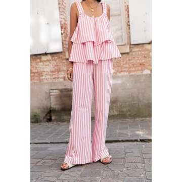 Juakoso Women Y2k Stripes 2 Piece Pants Matching Set Tie Front V Neck Tank Vest Wide Leg Elastic Waist Trousers Suit Set