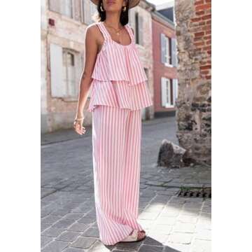 Juakoso Women Y2k Stripes 2 Piece Pants Matching Set Tie Front V Neck Tank Vest Wide Leg Elastic Waist Trousers Suit Set