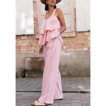 Juakoso Women Y2k Stripes 2 Piece Pants Matching Set Tie Front V Neck Tank Vest Wide Leg Elastic Waist Trousers Suit Set