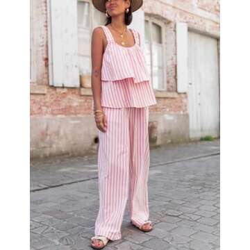 Juakoso Women Y2k Stripes 2 Piece Pants Matching Set Tie Front V Neck Tank Vest Wide Leg Elastic Waist Trousers Suit Set
