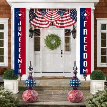 Juneteenth Door Banner, JUNETEENTH and FREEDOM Banners, Black History Month Party Supplies Juneteenth Flag Red White Blue Decor for Front Door Yard Indoor Outdoor Party Decor, Juneteenth Patriotic Decorations, 12 x 71 Inches (Juneteenth)