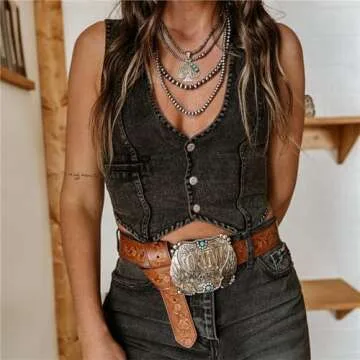 Miqil Women Y2k Vintage Button Down Denim Vest Sexy V Neck Retro Cowgirl Crop Jean Corset Top Grunge...