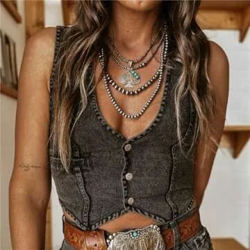 Miqil Women Y2k Vintage Button Down Denim Vest Sexy V Neck Retro Cowgirl Crop Jean Corset Top Grunge Rave Outfits Streetwear