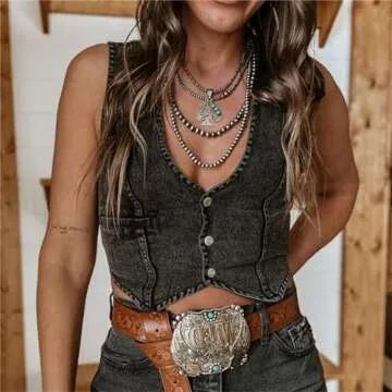 Miqil Women Y2k Vintage Button Down Denim Vest Sexy V Neck Retro Cowgirl Crop Jean Corset Top Grunge Rave Outfits Streetwear