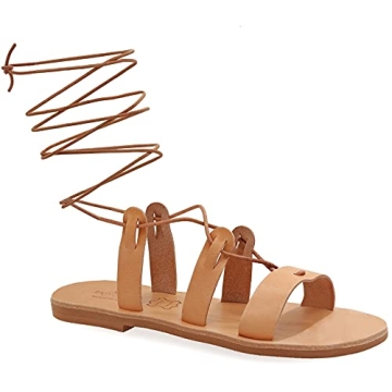 Size 6 Beige Emmanuela Ancient Greek Style Calf High Leather Sandals, Handmade Gladiator Tie up Sand...