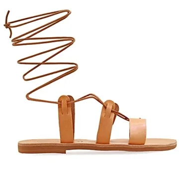Size 6 Beige Emmanuela Ancient Greek Style Calf High Leather Sandals, Handmade Gladiator Tie up Sandals, Quality Strappy Summer Shoes, Boho Chic Open Toe Lace up Sandals