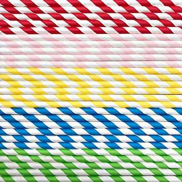 100PCS Biodegradable Paper Straws Bulk, Assorted Rainbow Colors Striped Drinking Straws for Juice, shakes, Cocktail, Coffee,Soda, Milkshakes, Smoothies,Celebration Parties and Arts Crafts Projects