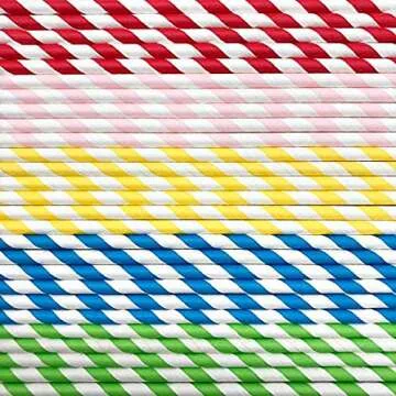 100PCS Biodegradable Paper Straws Bulk, Assorted Rainbow Colors Striped Drinking Straws for Juice, shakes, Cocktail, Coffee,Soda, Milkshakes, Smoothies,Celebration Parties and Arts Crafts Projects