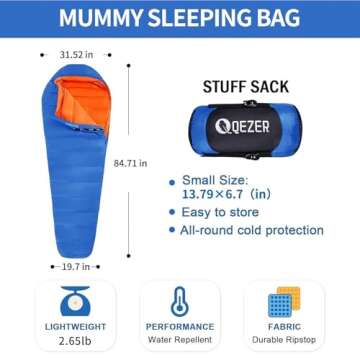 QEZER Down Sleeping Bag for Adults 32 Degree F Backpacking Sleeping Bag with 600 FP Down Ultralight Mummy Sleeping Bag with Compression Sack（RoyalBlue）