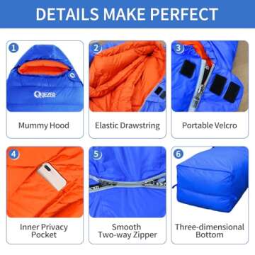 QEZER Down Sleeping Bag for Adults 32 Degree F Backpacking Sleeping Bag with 600 FP Down Ultralight Mummy Sleeping Bag with Compression Sack（RoyalBlue）