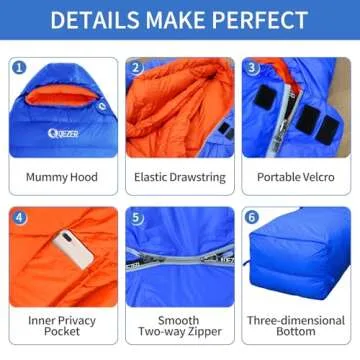 QEZER Down Sleeping Bag for Adults 32 Degree F Backpacking Sleeping Bag with 600 FP Down Ultralight Mummy Sleeping Bag with Compression Sack（RoyalBlue）