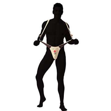 FreeNFond Christmas Gag Gift Reindeer Mankini Men Thong Underwear with Bells for White Elephant Exchange Gifts Valentines Day