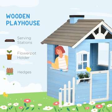 Outsunny Playhouse for Kids Outdoor, Country Style Wooden Playhouse with Flower Pot Holders, Working Door, Windows, Service Stations for 3-7 Years, Blue