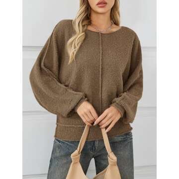 Saodimallsu Womens Oversized Pullover Sweater Long Lantern Sleeve Crew Neck Trendy Loose Knit Fall Casual Jumper Tops Dark Khaki