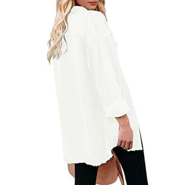 Vetinee Women's White Jacket Women Oversized Boyfriend Brilliant White Front Button Up Frayed Raw He...