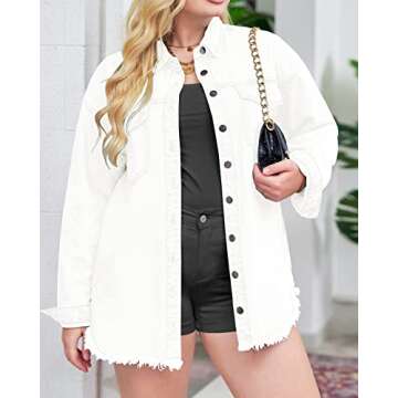 Vetinee Women's White Jacket Women Oversized Boyfriend Brilliant White Front Button Up Frayed Raw Hem Long Sleeve Pockets Denim Jean Jacket Shacket Large Size 12 Size 14