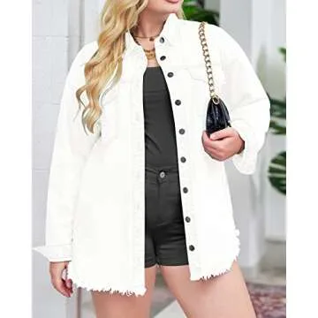 Vetinee Women's White Jacket Women Oversized Boyfriend Brilliant White Front Button Up Frayed Raw Hem Long Sleeve Pockets Denim Jean Jacket Shacket Large Size 12 Size 14