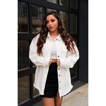 Vetinee Women's White Jacket Women Oversized Boyfriend Brilliant White Front Button Up Frayed Raw Hem Long Sleeve Pockets Denim Jean Jacket Shacket Large Size 12 Size 14