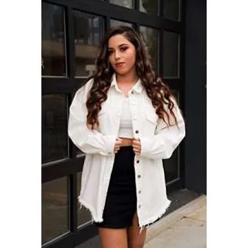 Vetinee Women's White Jacket Women Oversized Boyfriend Brilliant White Front Button Up Frayed Raw Hem Long Sleeve Pockets Denim Jean Jacket Shacket Large Size 12 Size 14