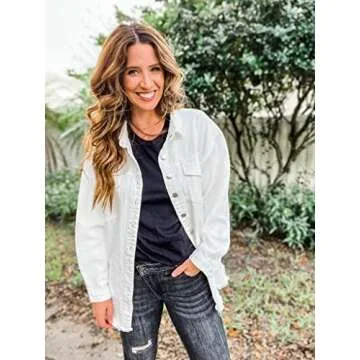 Vetinee Women's White Jacket Women Oversized Boyfriend Brilliant White Front Button Up Frayed Raw Hem Long Sleeve Pockets Denim Jean Jacket Shacket Large Size 12 Size 14