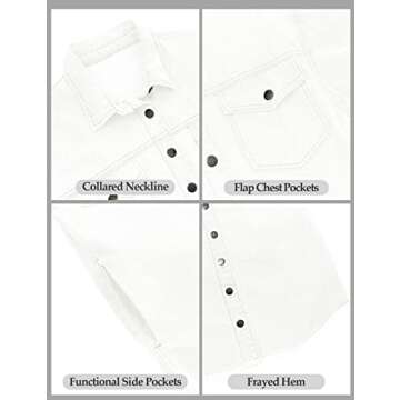 Vetinee Women's White Jacket Women Oversized Boyfriend Brilliant White Front Button Up Frayed Raw Hem Long Sleeve Pockets Denim Jean Jacket Shacket Large Size 12 Size 14