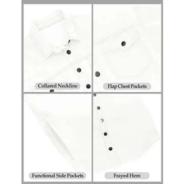 Vetinee Women's White Jacket Women Oversized Boyfriend Brilliant White Front Button Up Frayed Raw Hem Long Sleeve Pockets Denim Jean Jacket Shacket Large Size 12 Size 14
