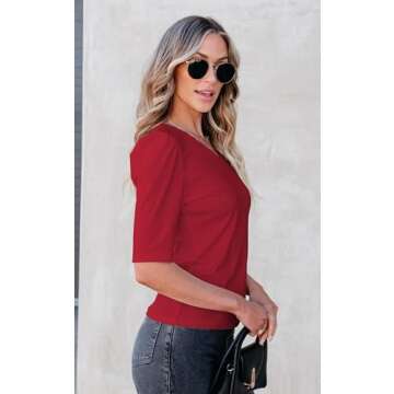 ECOWISH Womens Short Sleeve Shirts: Summer Dressy Casual V Neck Ribbed Knit Fashion Work Tops Sexy Basic Tee Blouses