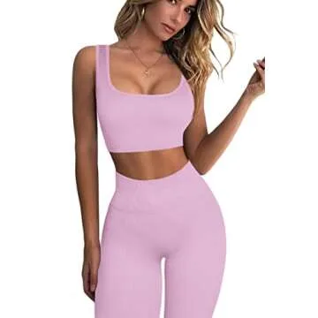 QINSEN Ribbed Workout Outfits for Women 2 Piece Seamless Sport Bra High Waist Yoga Leggings Sets Dus...