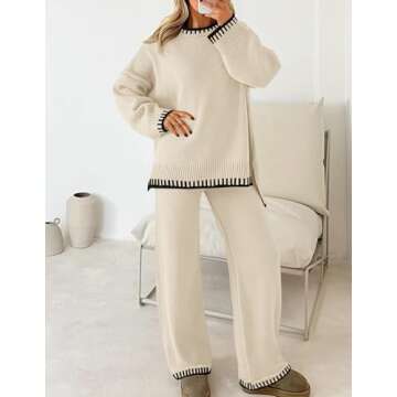 ZESICA Womens Casual 2 Piece Outfits Sweater Sets Long Sleeve Pullover Tops Wide Leg Pants Lounge Set,Apricot,Small