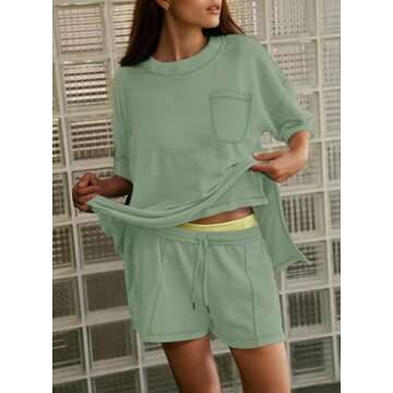 Dokotoo Workout Sets for Women 2 Piece Set Comfy Casual Womens Lounge Sets Solid Round Neck Short Sleeve Sweatsuit Shirts Matching High Rise Drawstring Shorts with Pockets Green Small