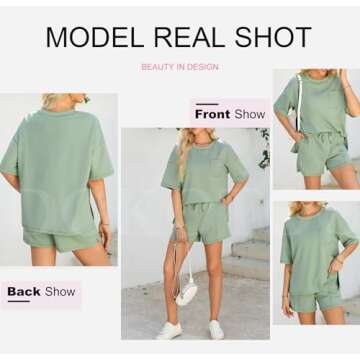 Dokotoo Workout Sets for Women 2 Piece Set Comfy Casual Womens Lounge Sets Solid Round Neck Short Sleeve Sweatsuit Shirts Matching High Rise Drawstring Shorts with Pockets Green Small