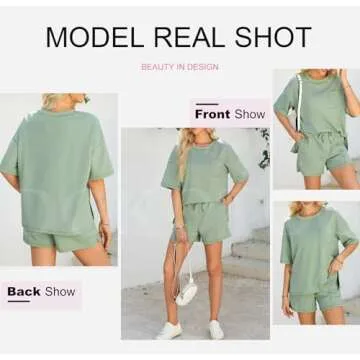 Dokotoo Workout Sets for Women 2 Piece Set Comfy Casual Womens Lounge Sets Solid Round Neck Short Sleeve Sweatsuit Shirts Matching High Rise Drawstring Shorts with Pockets Green Small